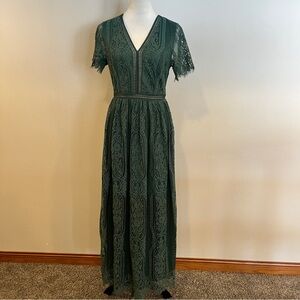 Merokeety Elegant Green Lace V-Neck short sleeves Maxi Dress size medium